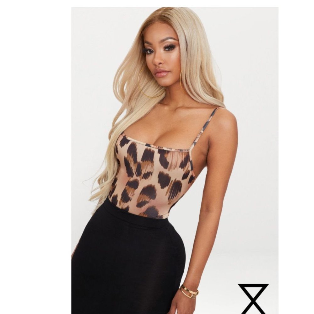 Tan Straight Neck Leopard Print Bodysuit